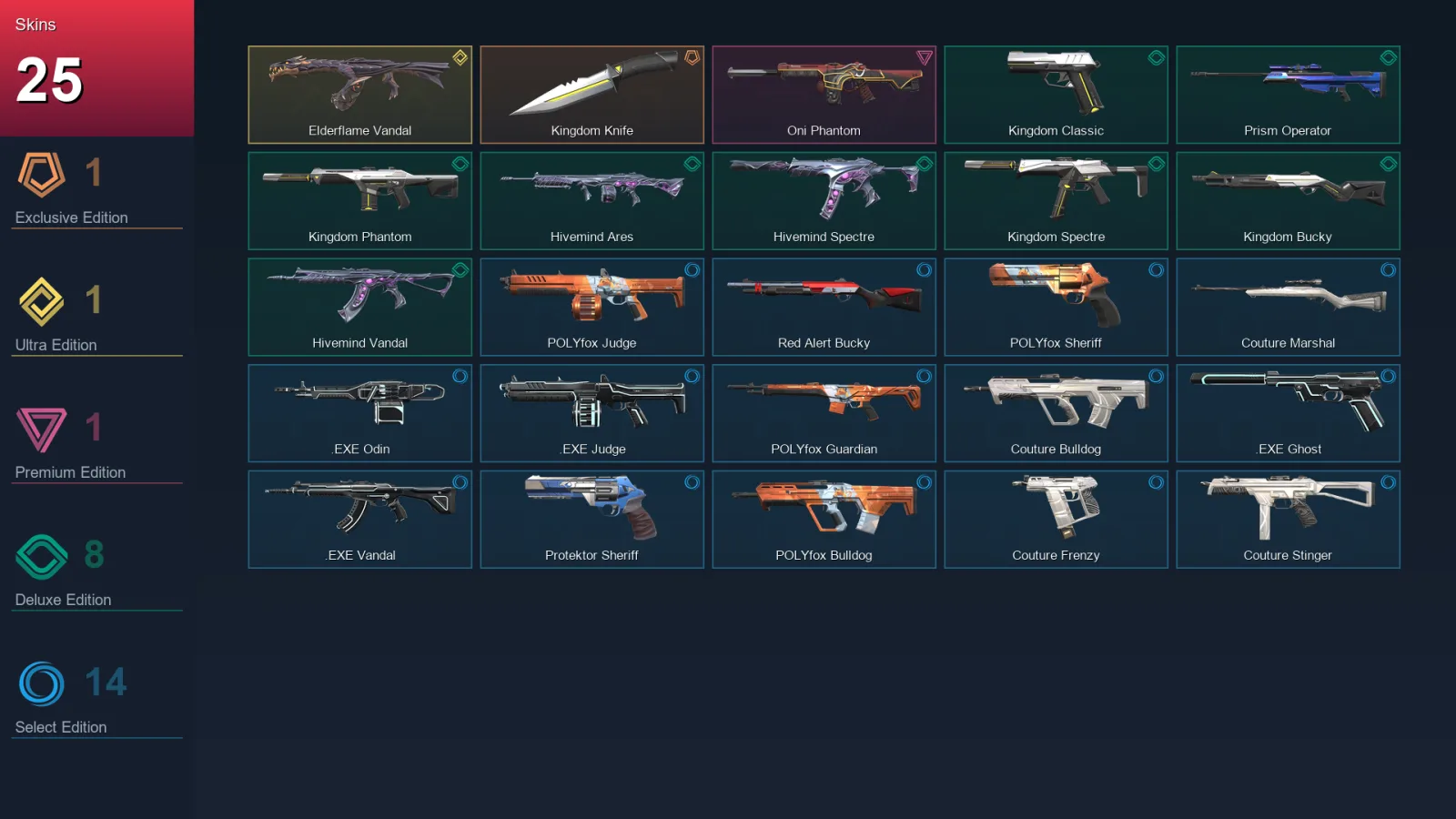 AP | Kingdom Knife | Elderflame Vandal | Oni Phantom | Kingdom Classic | 25 Skin | 10 Agent | 26 Buddy | Lv28