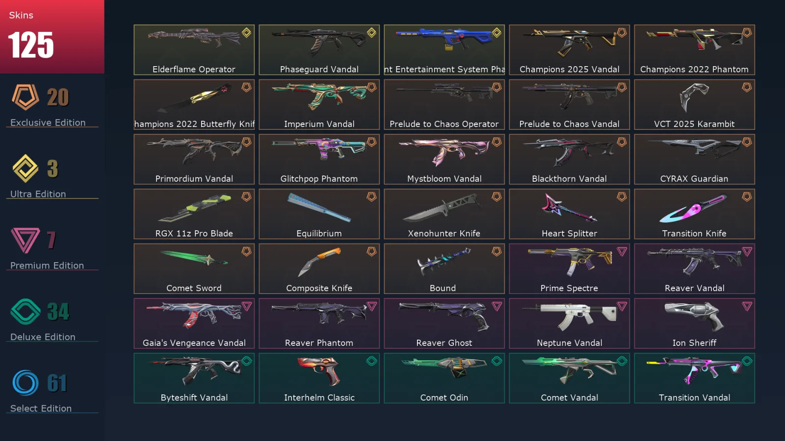 [Valorant] | EU | Level 230 | 29 Agents | 125 Skins