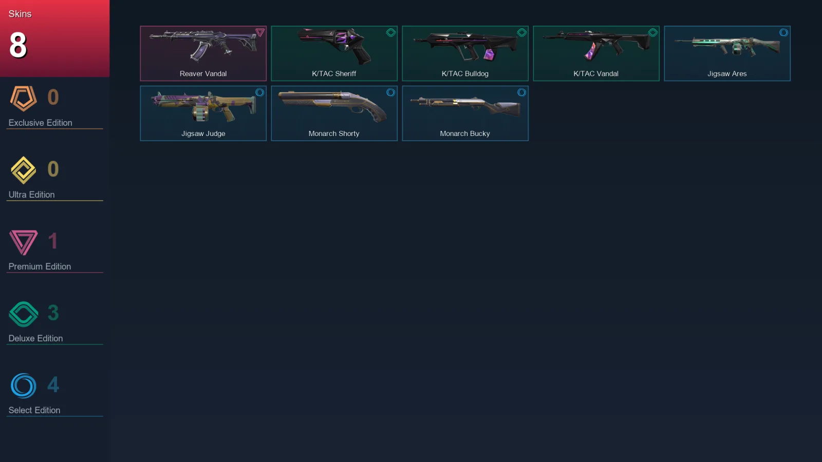 EU | Reaver Vandal | K/TAC Sheriff | K/TAC Bulldog | K/TAC Vandal | 8 Skin | 9 Agent | 10 Buddy | Lv26