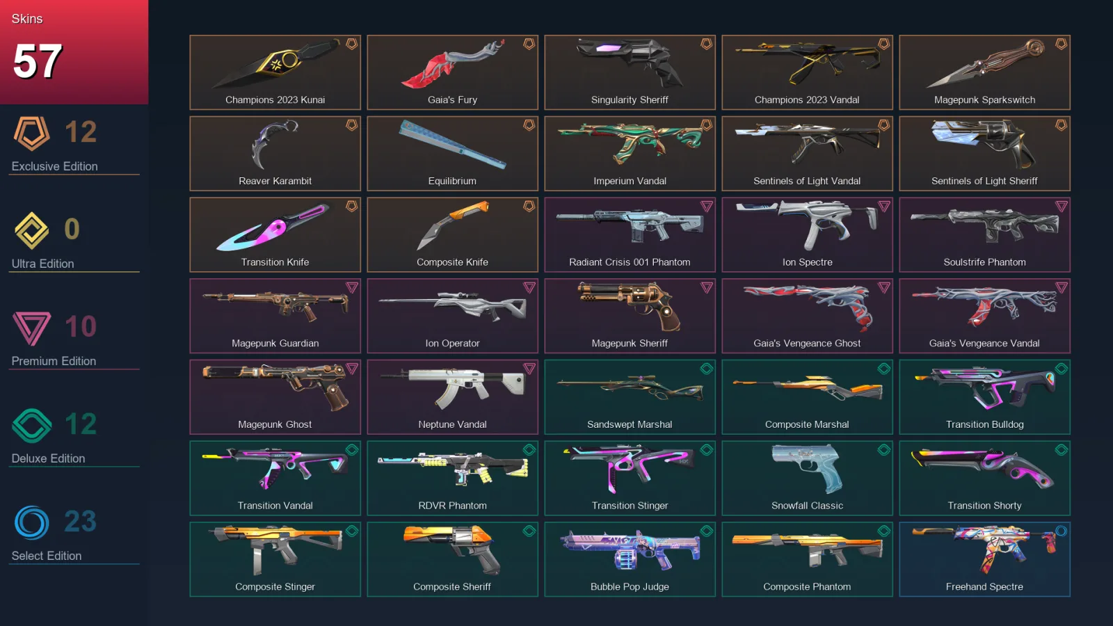 NA | Champions 2023 Kunai | Gaia's Fury | Singularity Sheriff | Champions 2023 Vandal | 57 Skin | 8 Agent | 34 Buddy | Lv41