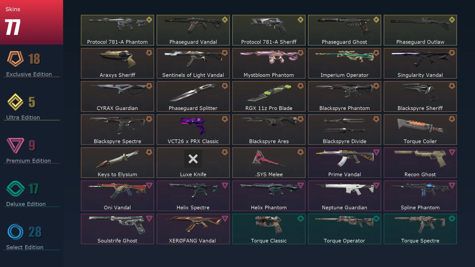 [Valorant] | EU | Level 291 | Platinum 1 | 29 Agents | 77 Skins