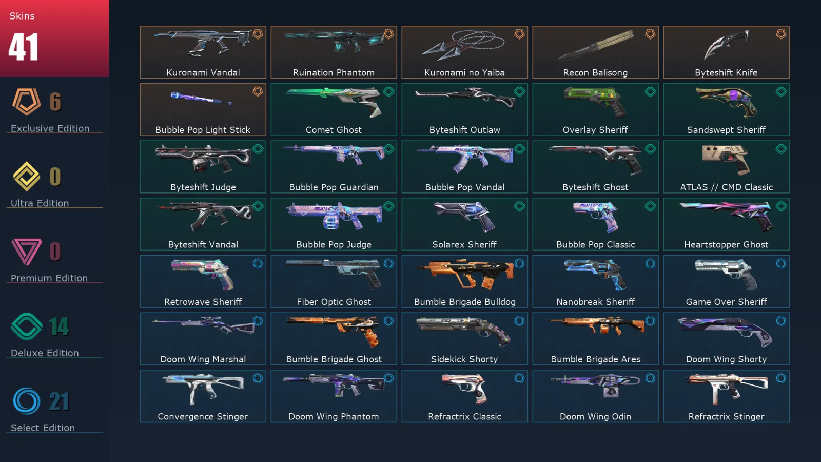[Valorant] | EU | Level 283 | Platinum 1 | 29 Agents | 41 Skins