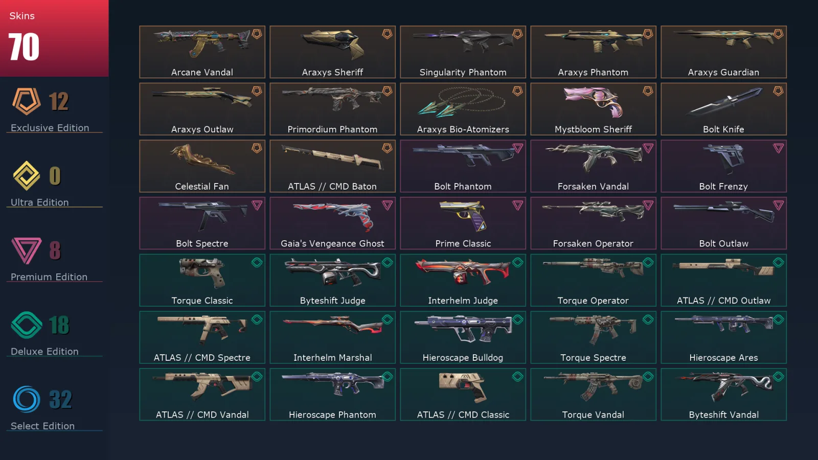 [Valorant] | EU | Level 59 | Platinum 2 | 18 Agents | 70 Skins