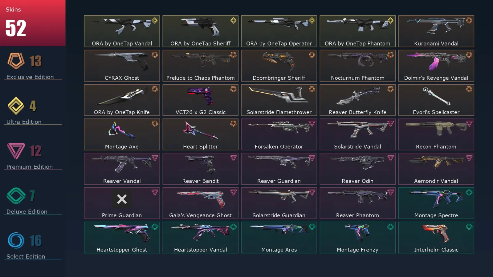 [Valorant] | EU | Level 77 | Gold 1 | 24 Agents | 52 Skins