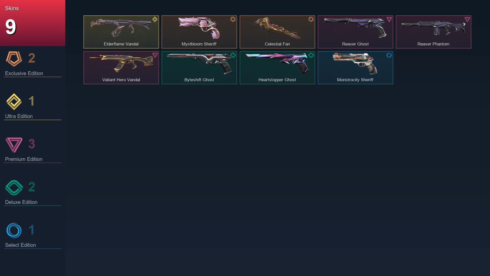 AP | Mystbloom Sheriff | Celestial Fan | Elderflame Vandal | Reaver Ghost | 9 Skin | 29 Agent | 67 Buddy | Lv153