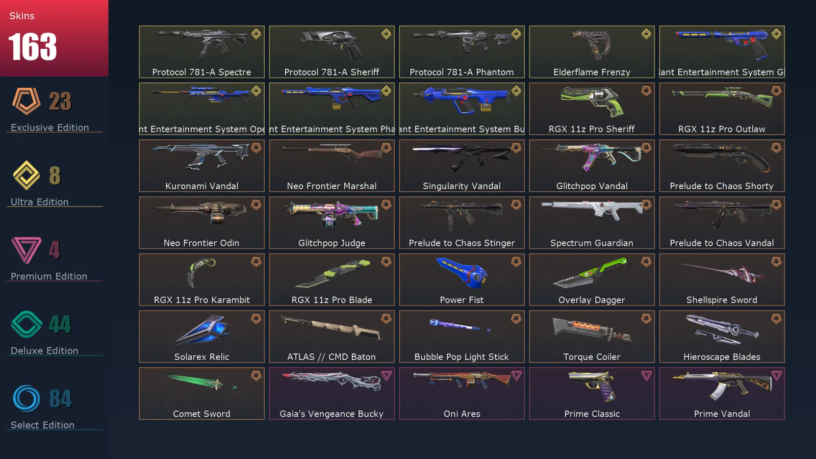 [Valorant] | EU | Level 218 | 29 Agents | 163 Skins