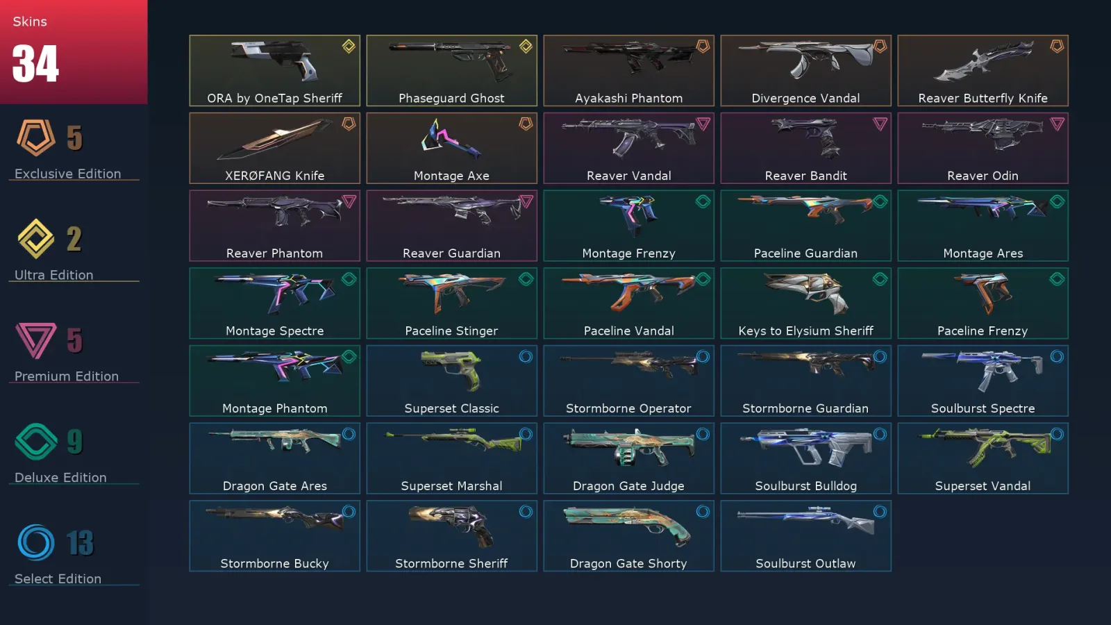 [Valorant] | EU | Level 71 | Platinum 2 | 22 Agents | 34 Skins