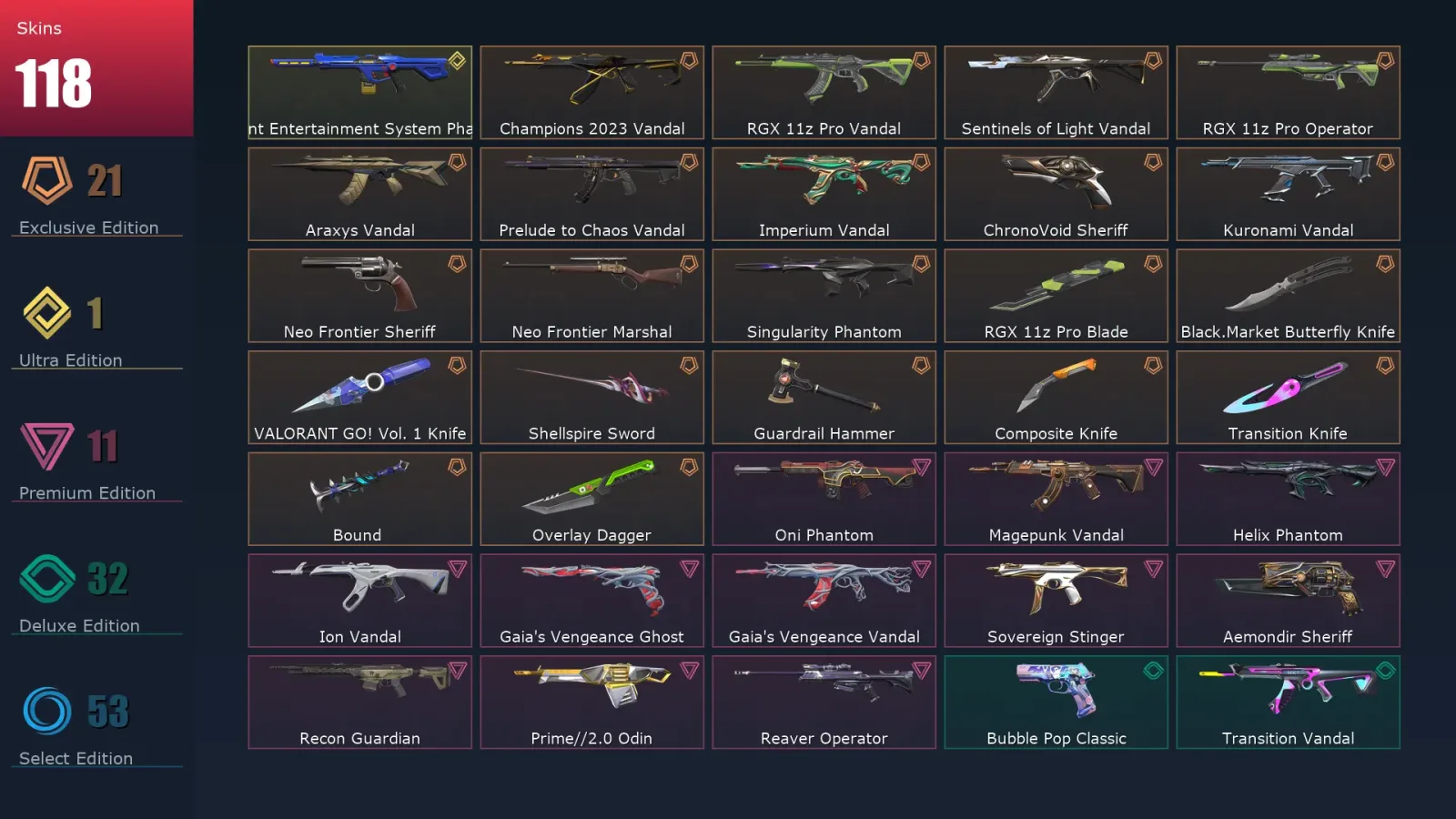 [Valorant] | EU | Level 275 | 29 Agents | 118 Skins