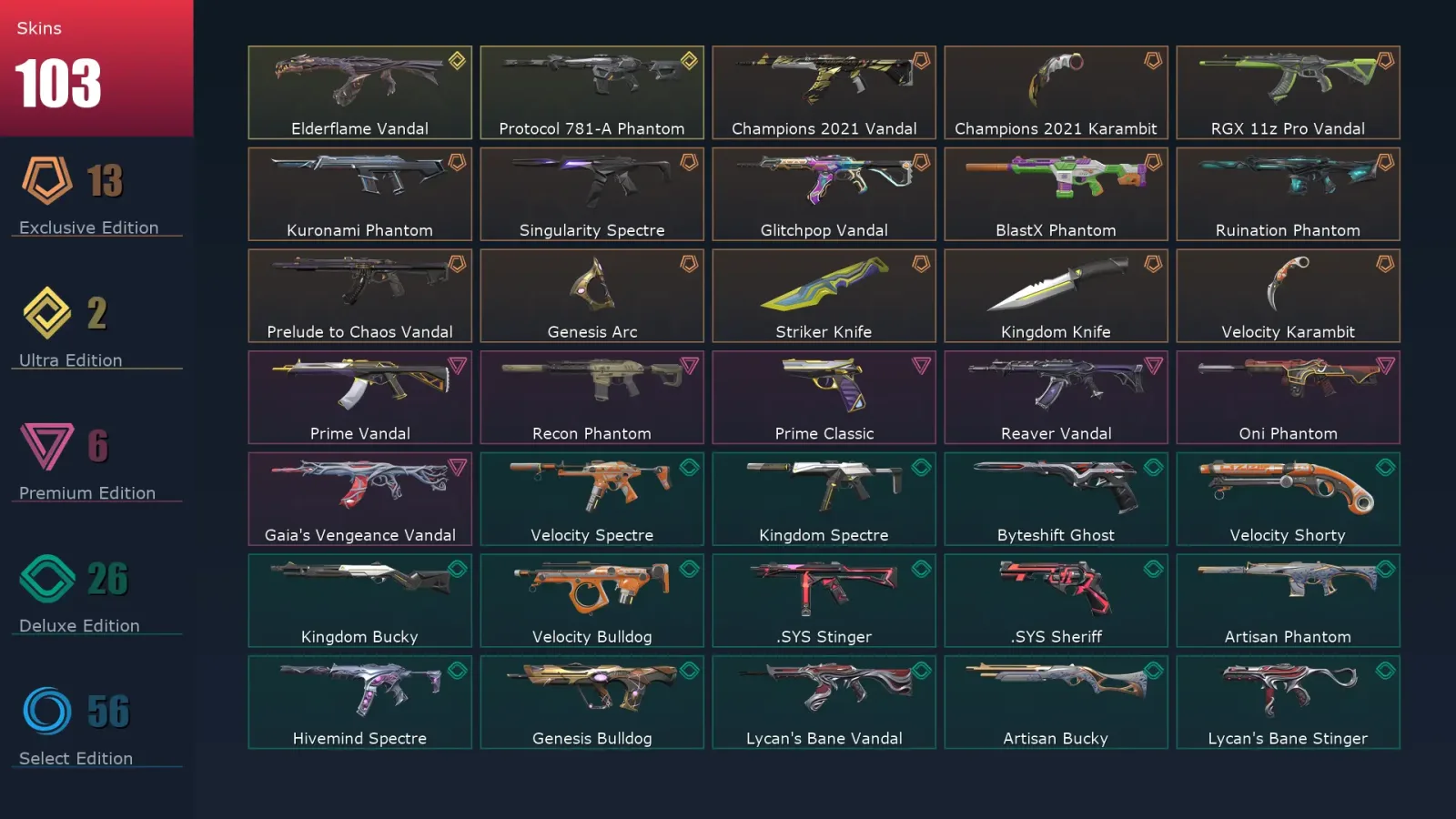 [Valorant] | EU | Level 134 | 29 Agents | 103 Skins