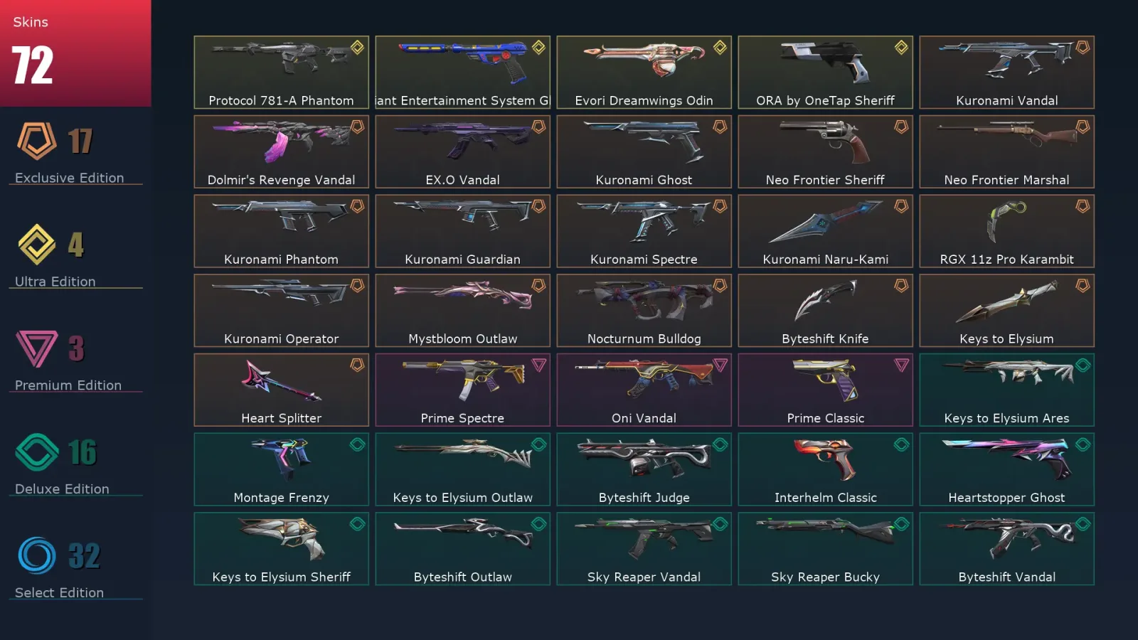 [Valorant] | EU | Level 165 | Diamond 2 | 29 Agents | 72 Skins