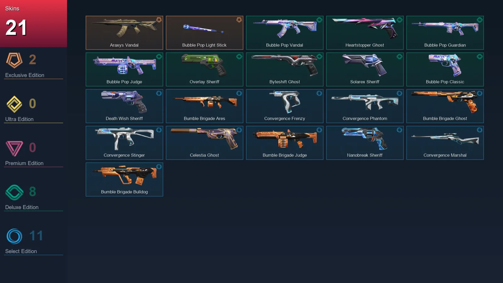 AP | Lv180 | Unranked | 21 Skin | 28 Agent | 55 Buddy — Convergence Frenzy