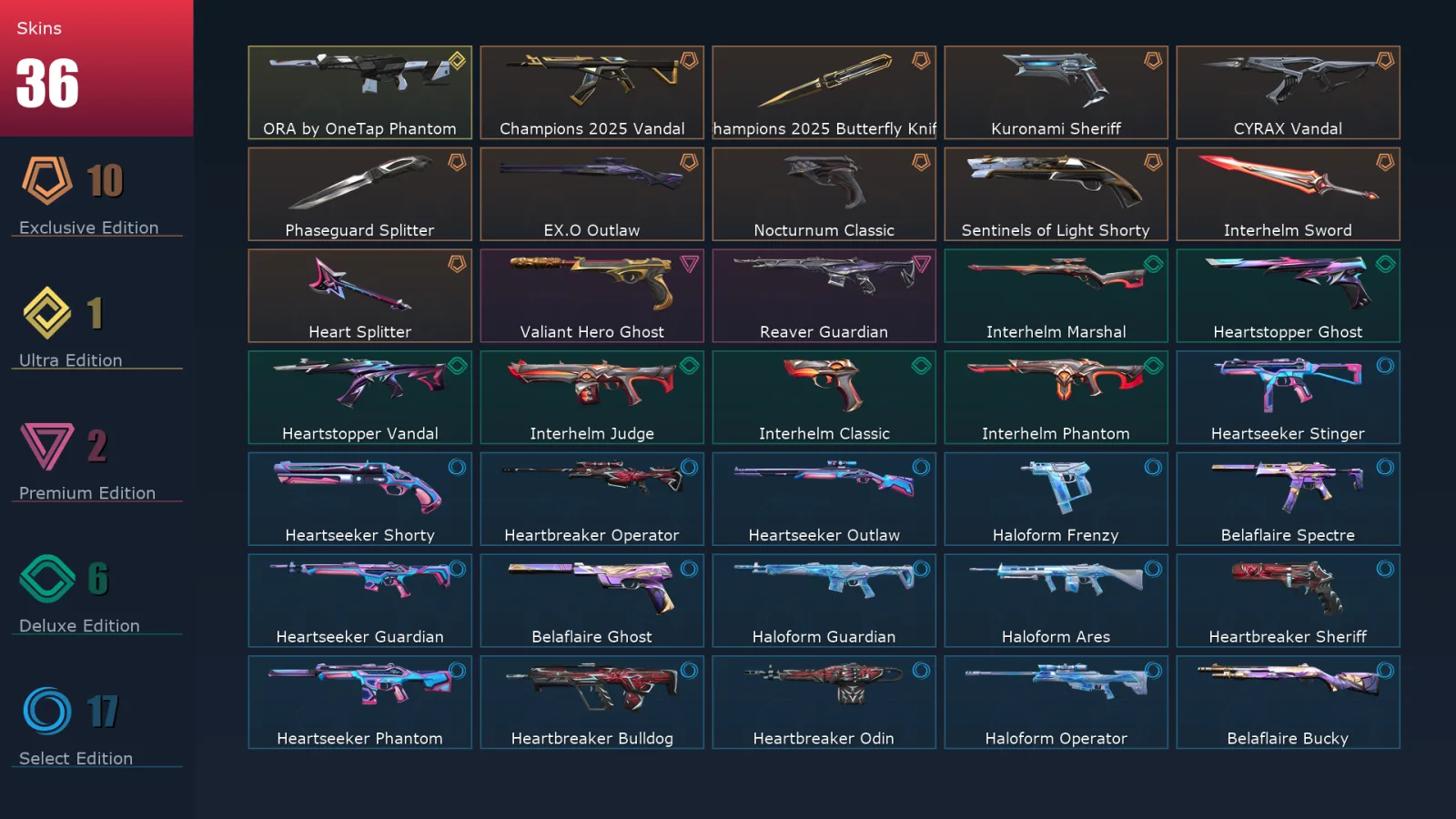 [Valorant] | EU | Level 54 | 15 Agents | 36 Skins