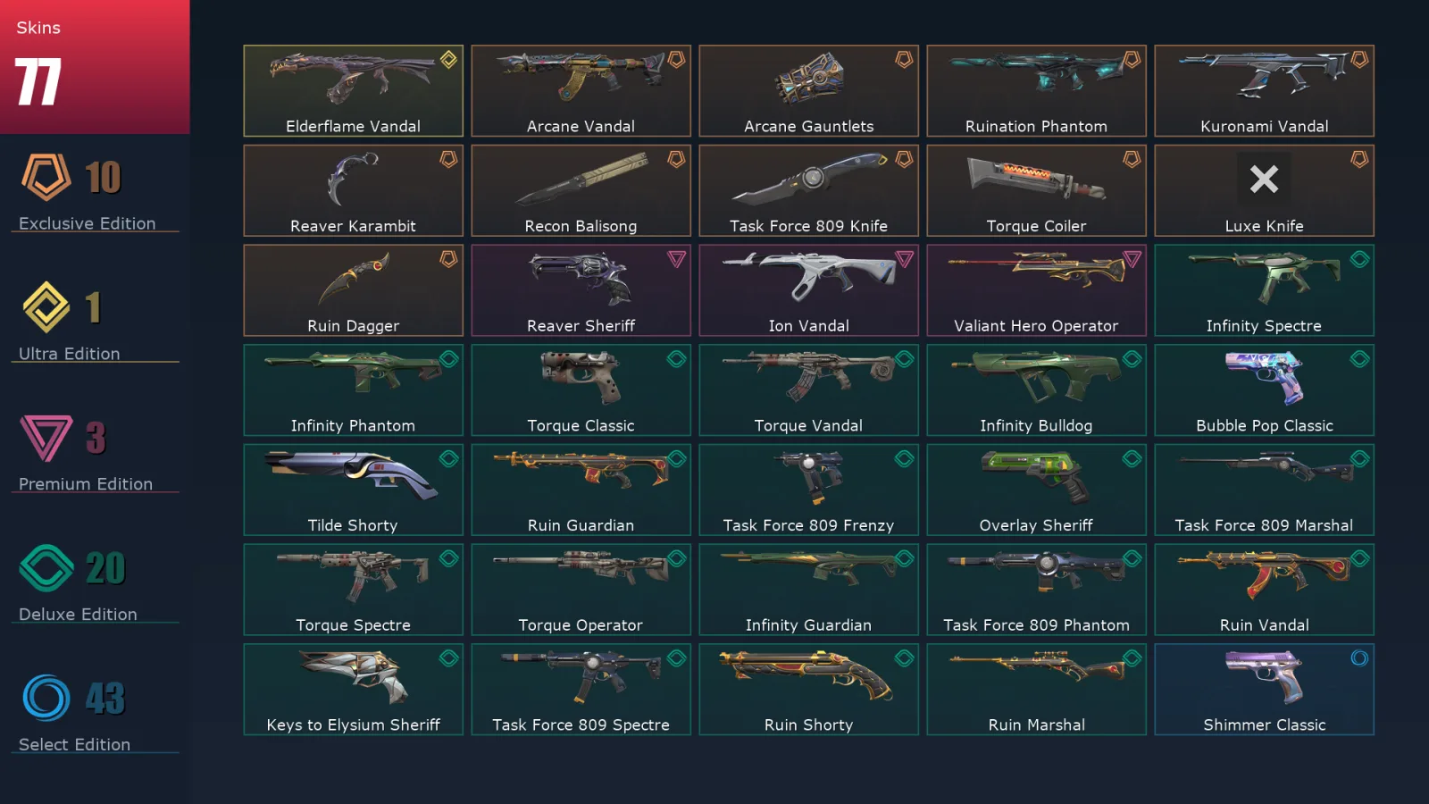 [Valorant] | EU | Level 247 | Diamond 2 | 29 Agents | 77 Skins