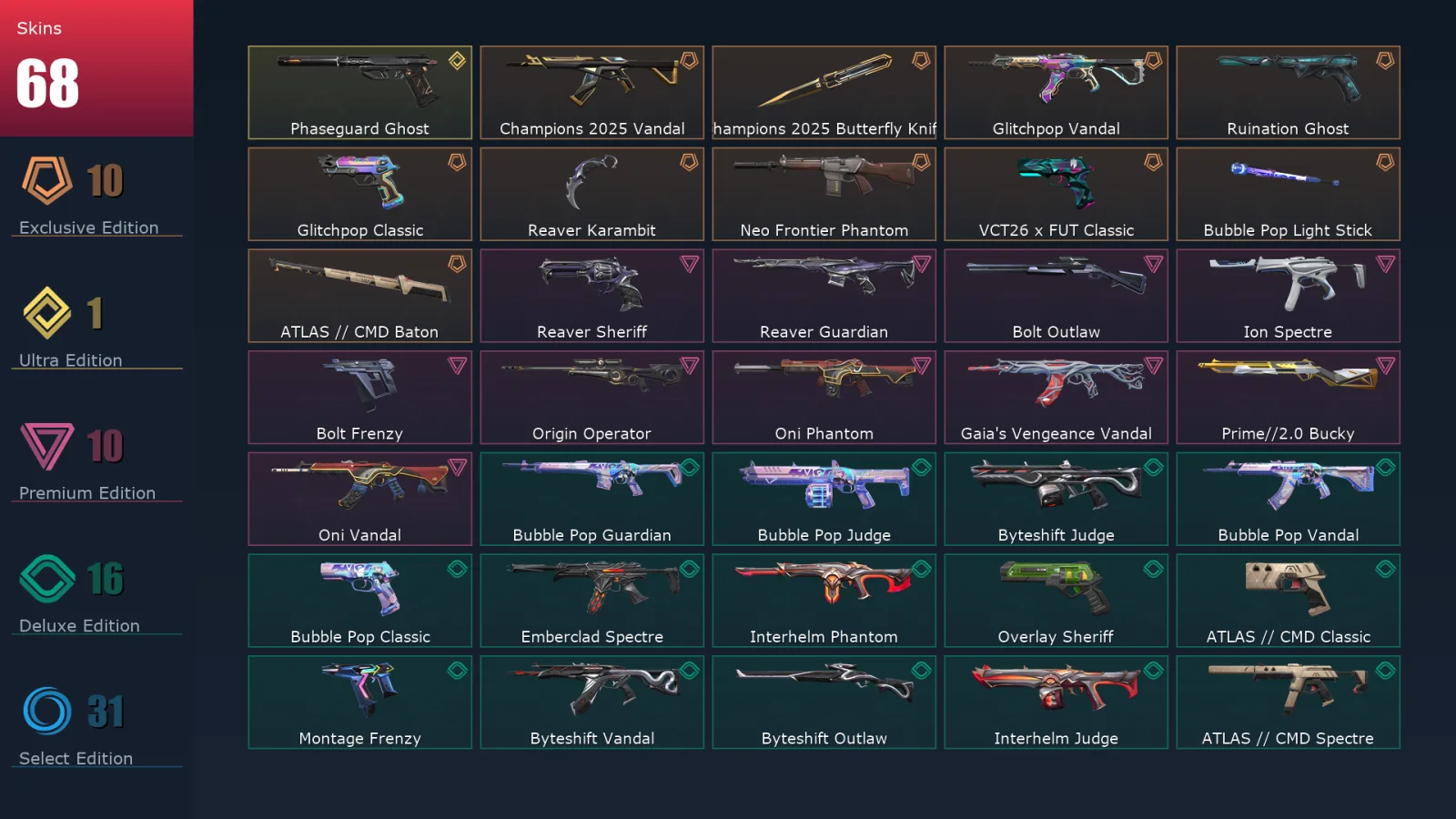 [Valorant] | EU | Level 159 | Platinum 2 | 29 Agents | 68 Skins