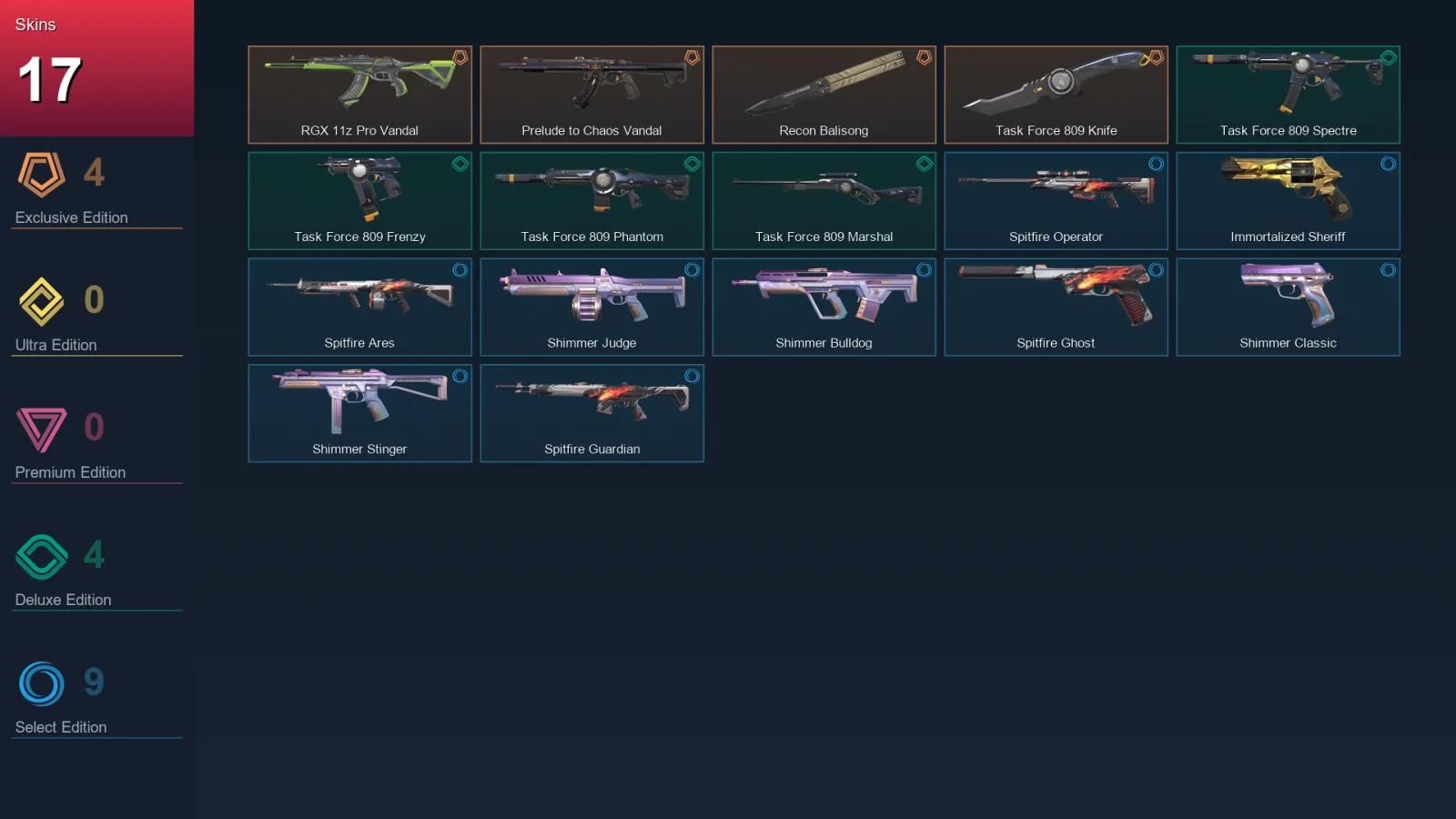 EU | Lv75 | Unranked | 17 Skin | 24 Agent | 33 Buddy — Shimmer Judge