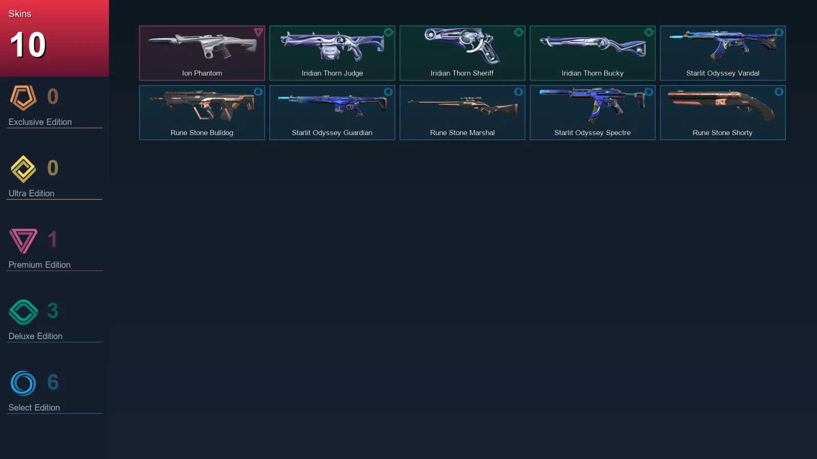 EU | Ion Phantom | Iridian Thorn Judge | Iridian Thorn Sheriff | Iridian Thorn Bucky | 10 Skin | 14 Agent | 19 Buddy | Lv49