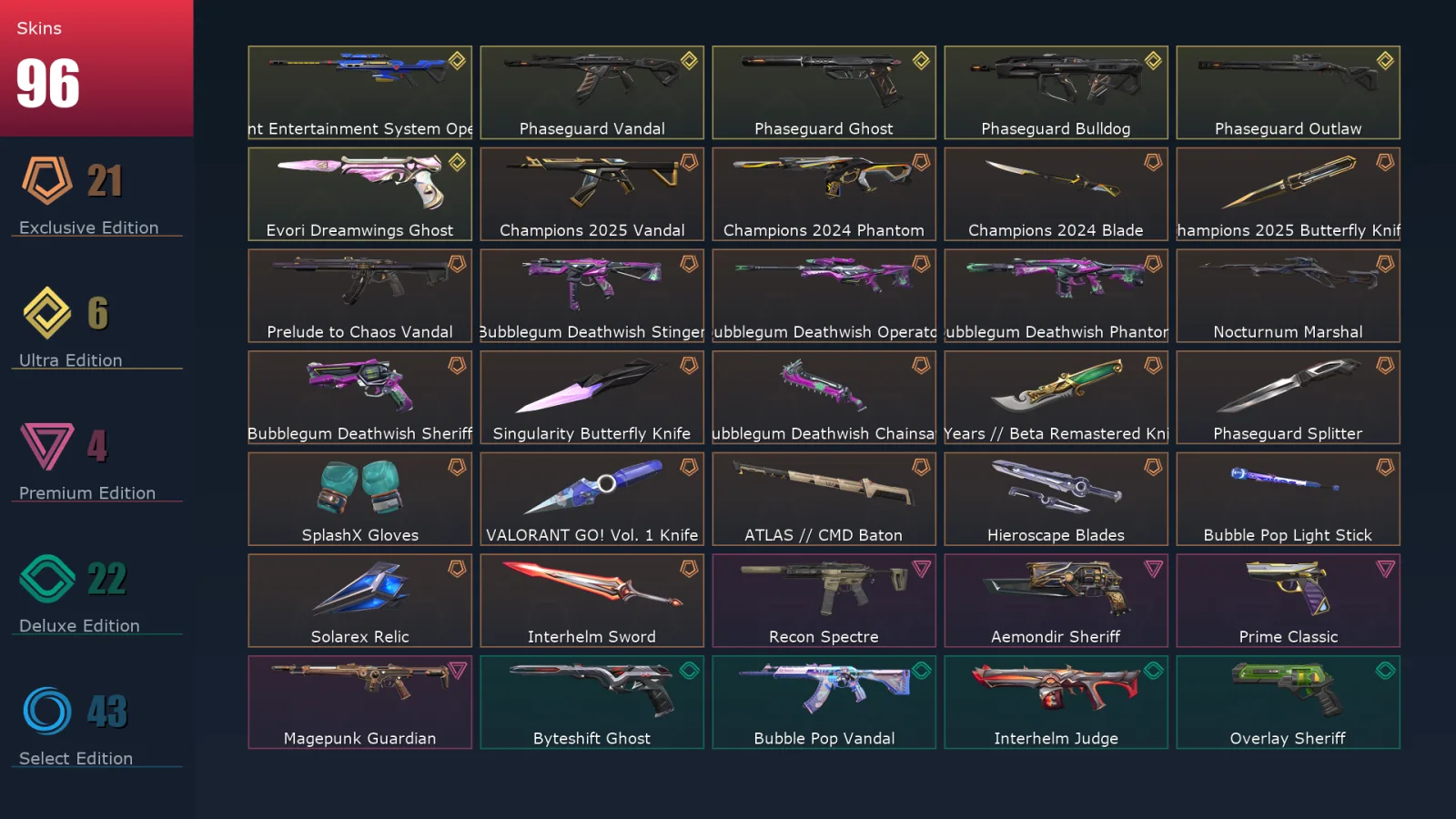 [Valorant] | EU | Level 232 | Platinum 2 | 29 Agents | 96 Skins
