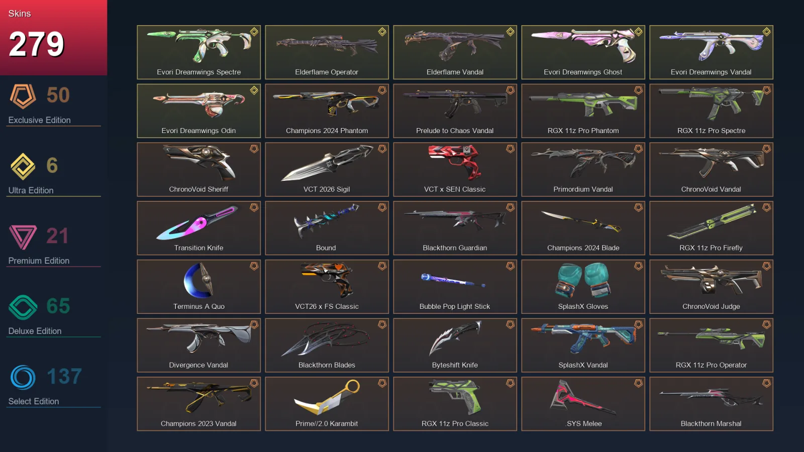 AP | Champions 2024 Phantom | Prelude to Chaos Vandal | RGX 11z Pro Phantom | RGX 11z Pro Spectre | 279 Skin | 29 Agent | 265 Buddy | Lv570