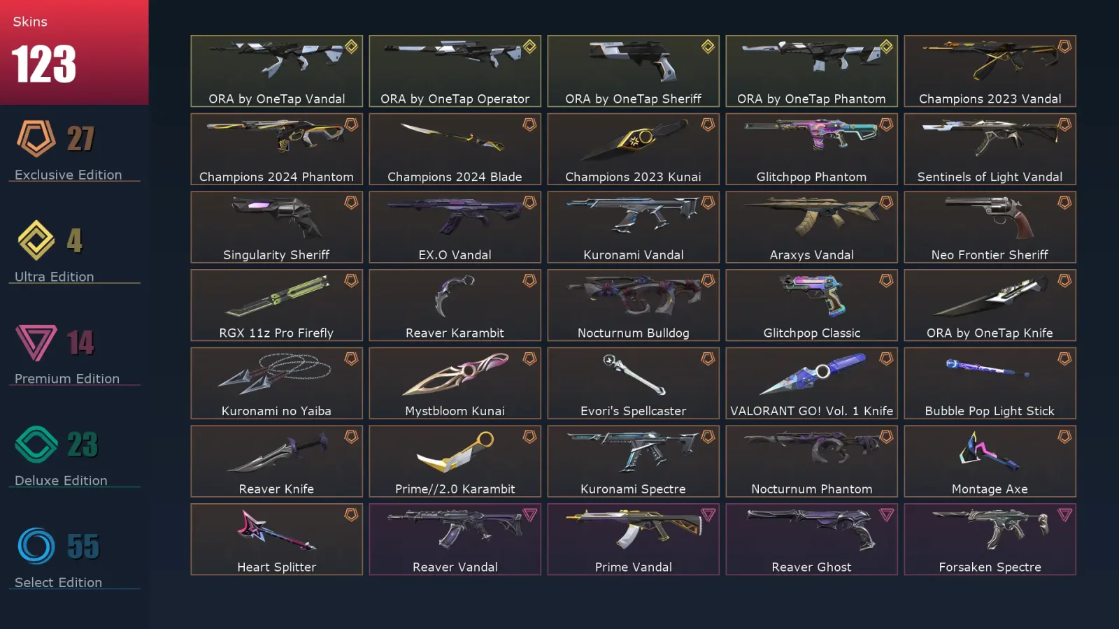 [Valorant] | EU | Level 187 | 29 Agents | 123 Skins