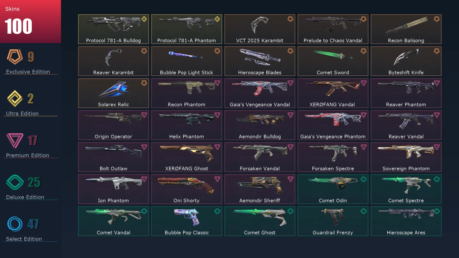 [Valorant] | EU | Level 169 | Diamond 3 | 29 Agents | 100 Skins