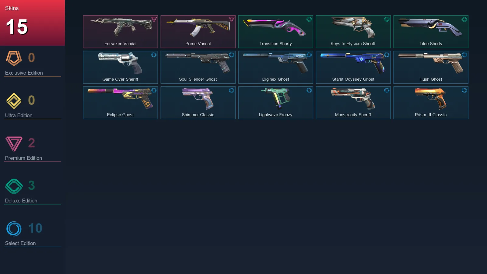 EU | Forsaken Vandal | Prime Vandal | Transition Shorty | Keys to Elysium Sheriff | 15 Skin | 27 Agent | 91 Buddy | Lv227