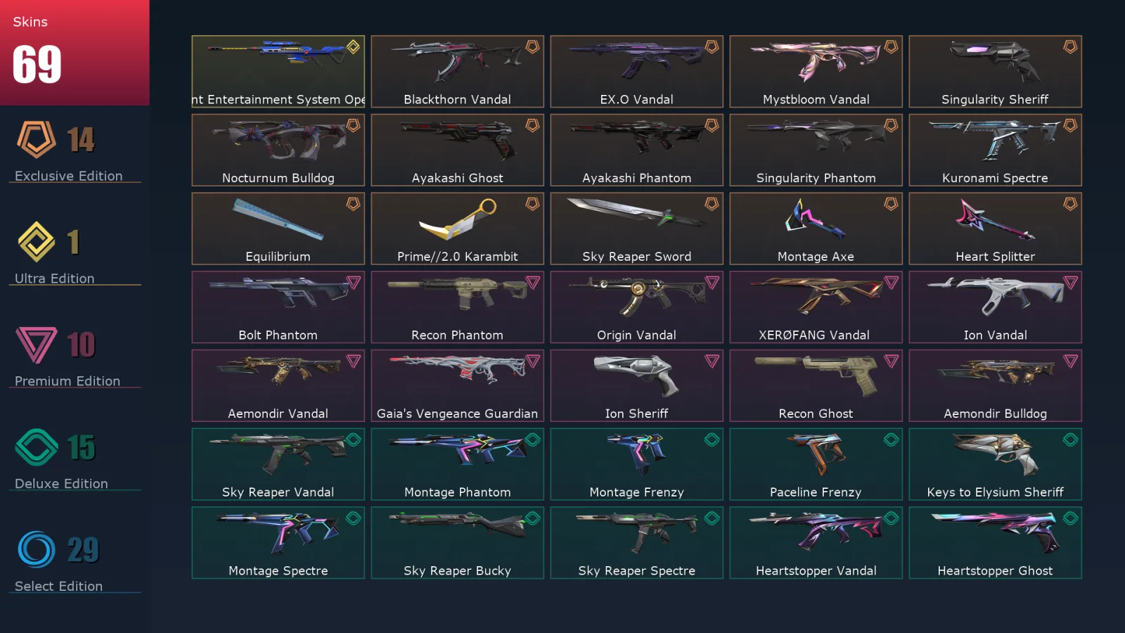 [Valorant] | EU | Level 109 | Gold 2 | 29 Agents | 69 Skins
