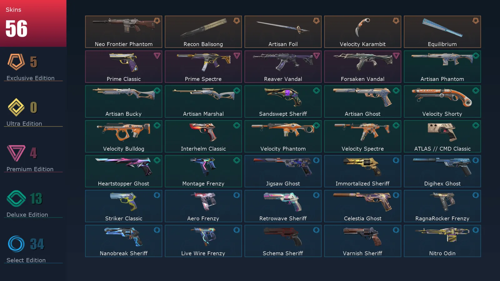 [Valorant] | EU | Level 408 | Platinum 2 | 29 Agents | 56 Skins