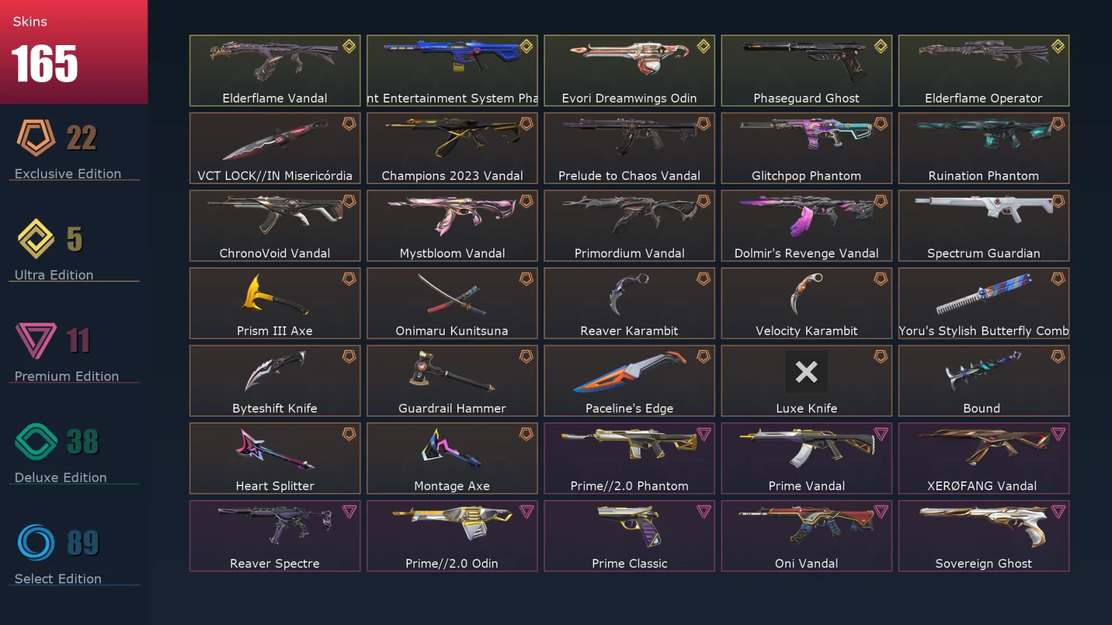 [Valorant] | EU | Level 338 | Platinum 1 | 29 Agents | 165 Skins