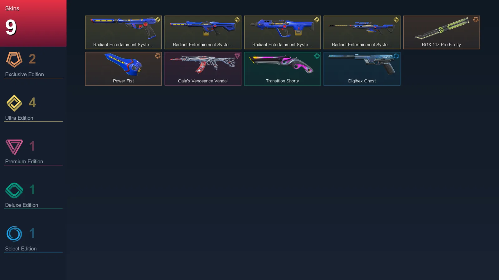 AP | RGX 11z Pro Firefly | Power Fist | Radiant Entertainment System Ghost | 9 Skin | 23 Agent | 24 Buddy | Lv98