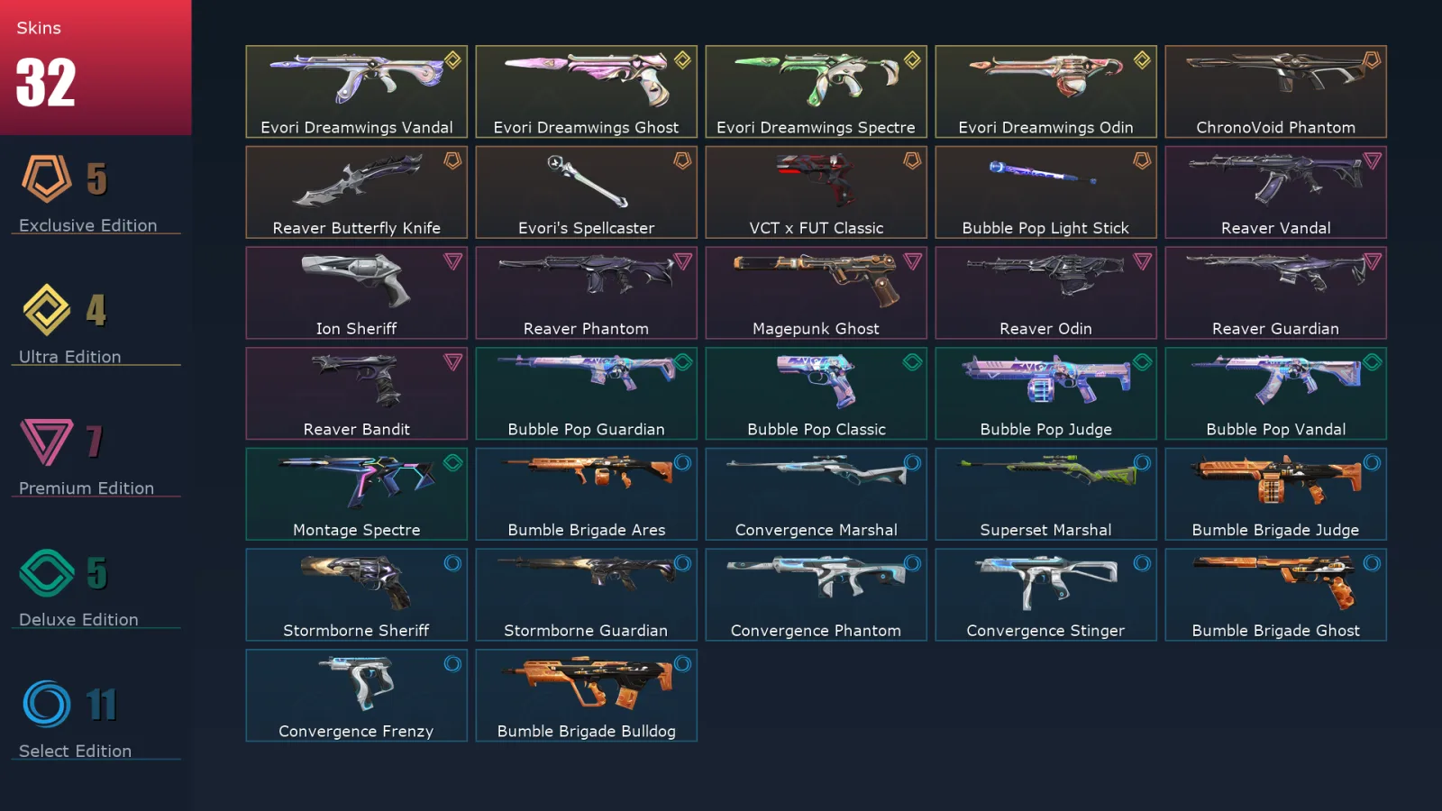 [Valorant] | EU | Level 34 | Bronze 2 | 13 Agents | 32 Skins