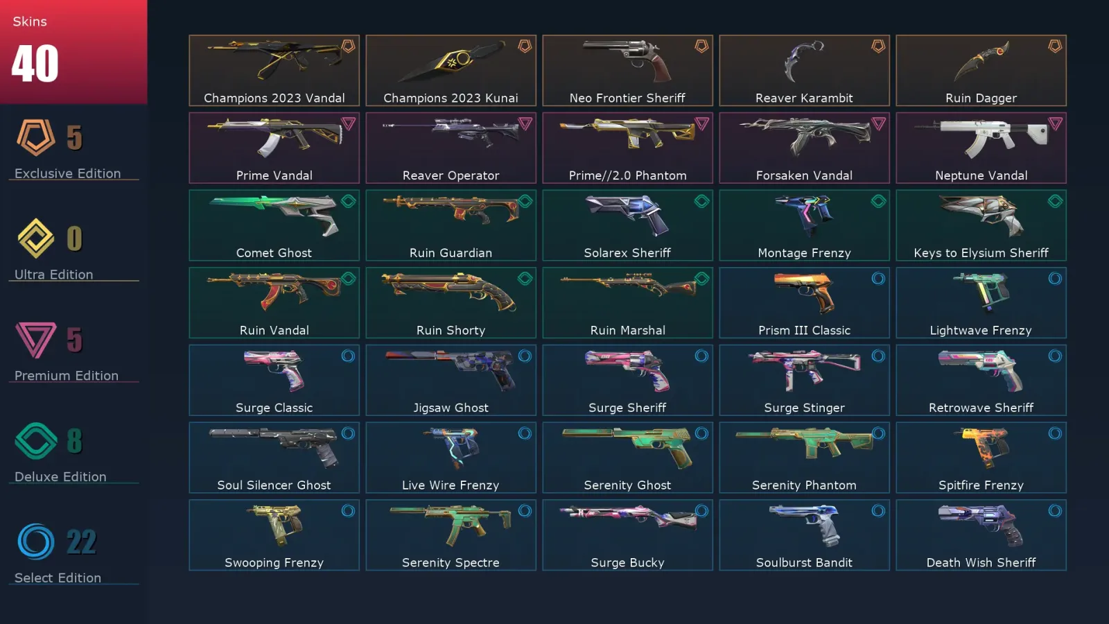[Valorant] | EU | Level 303 | Gold 2 | 29 Agents | 40 Skins