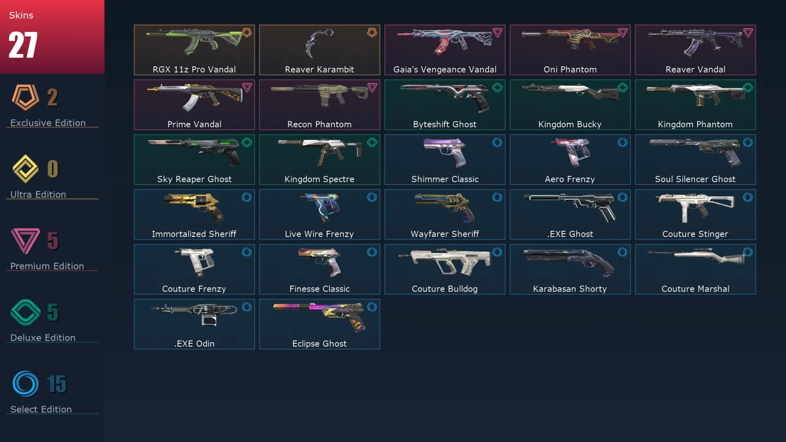[Valorant] | EU | Level 166 | Silver 1 | 29 Agents | 27 Skins