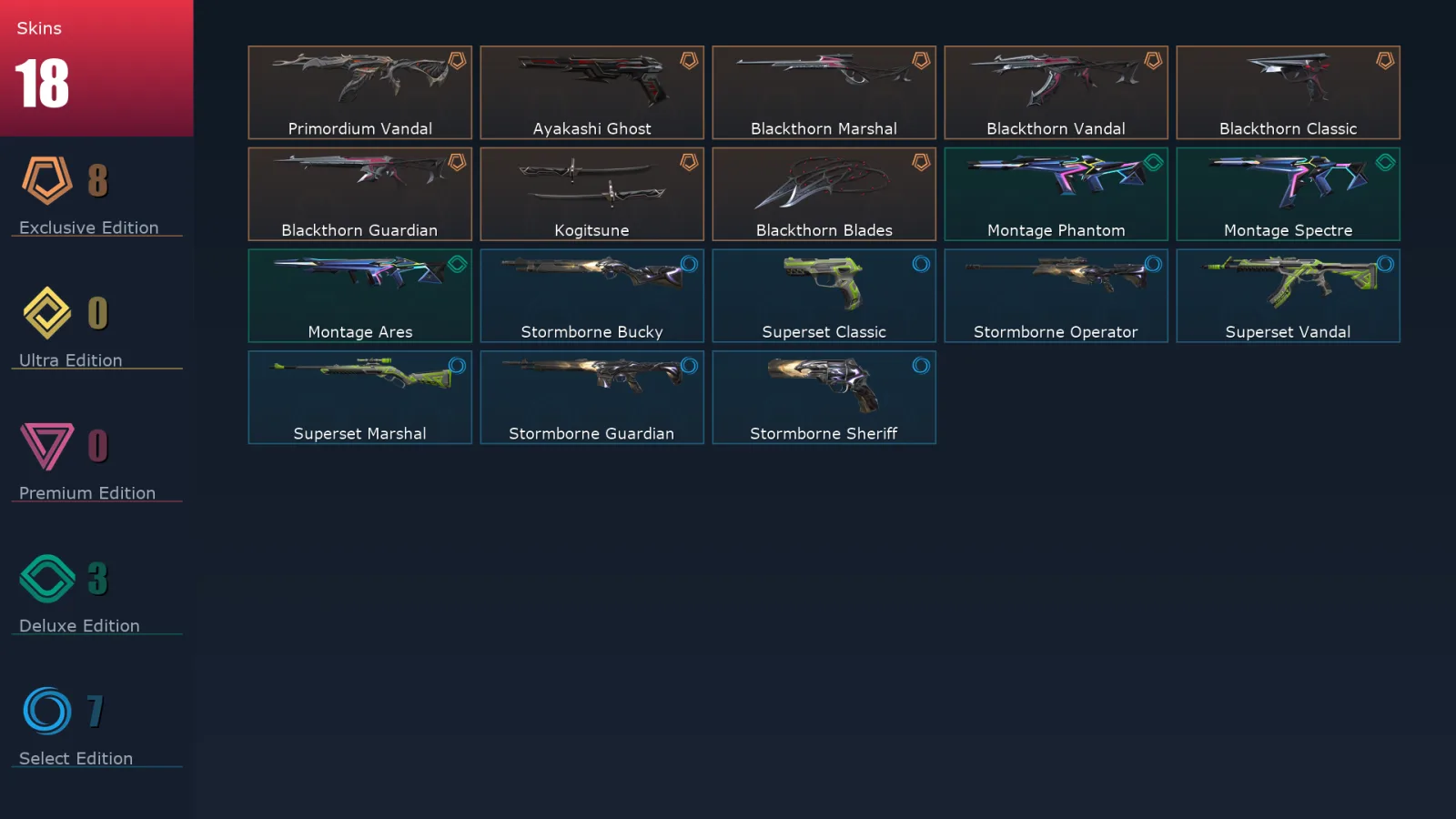 [Valorant] | EU | Level 63 | Platinum 1 | 17 Agents | 18 Skins