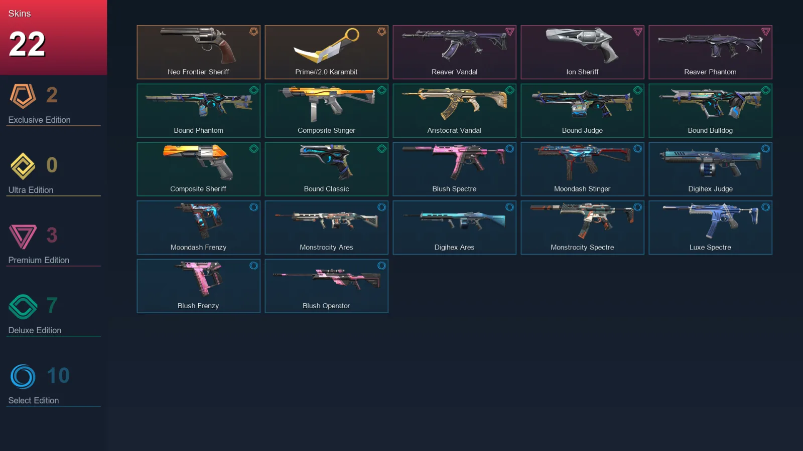 EU | Neo Frontier Sheriff | Prime//2.0 Karambit | Reaver Vandal | Ion Sheriff | 22 Skin | 14 Agent | 14 Buddy | Lv28