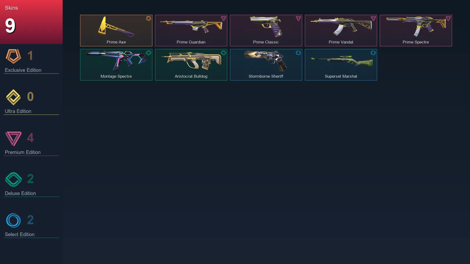 NA | Prime Axe | Prime Guardian | Prime Classic | Prime Vandal | 9 Skin | 14 Agent | 8 Buddy | Lv7