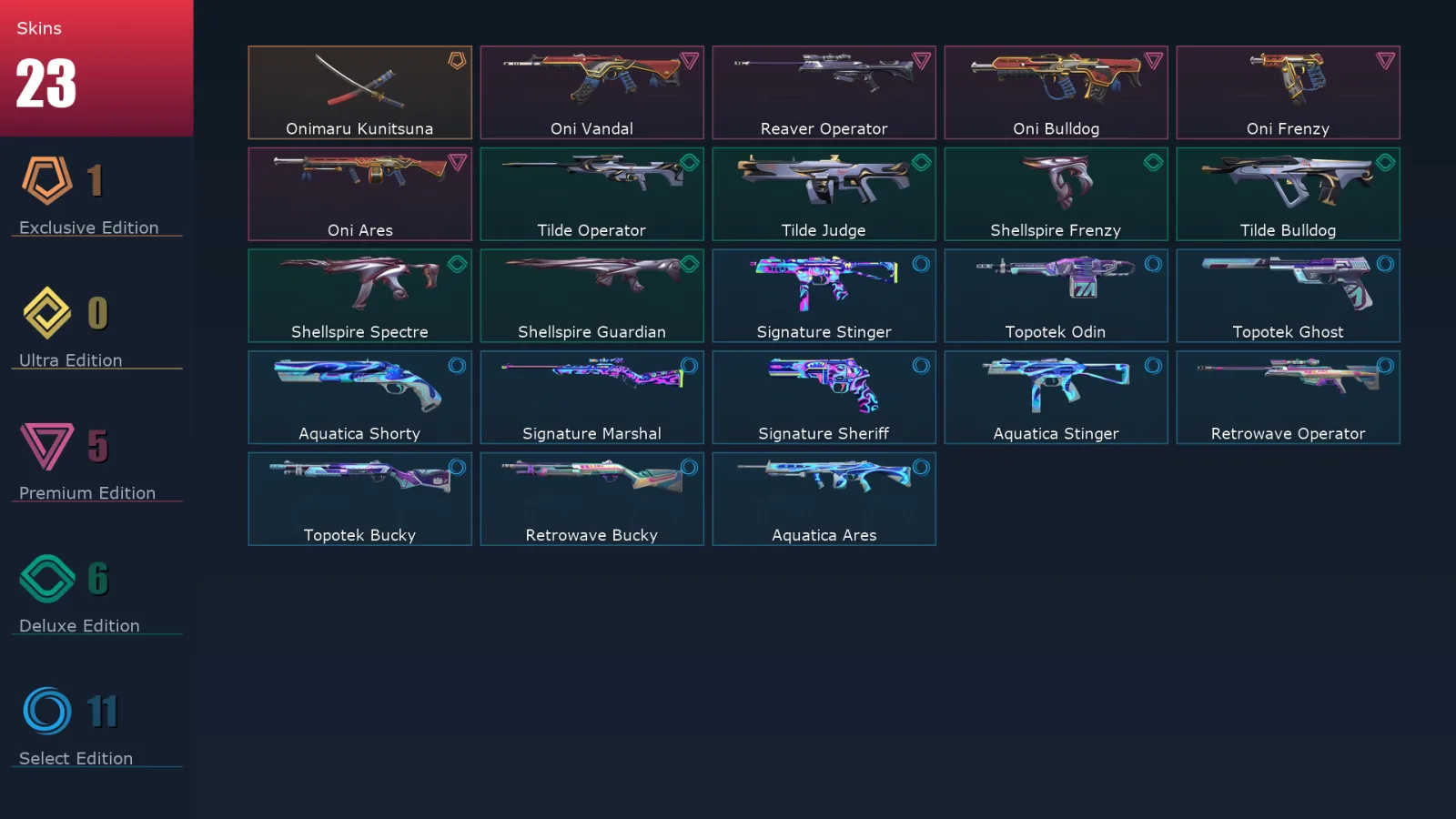 [Valorant] | EU | Level 56 | Platinum 2 | 21 Agents | 23 Skins