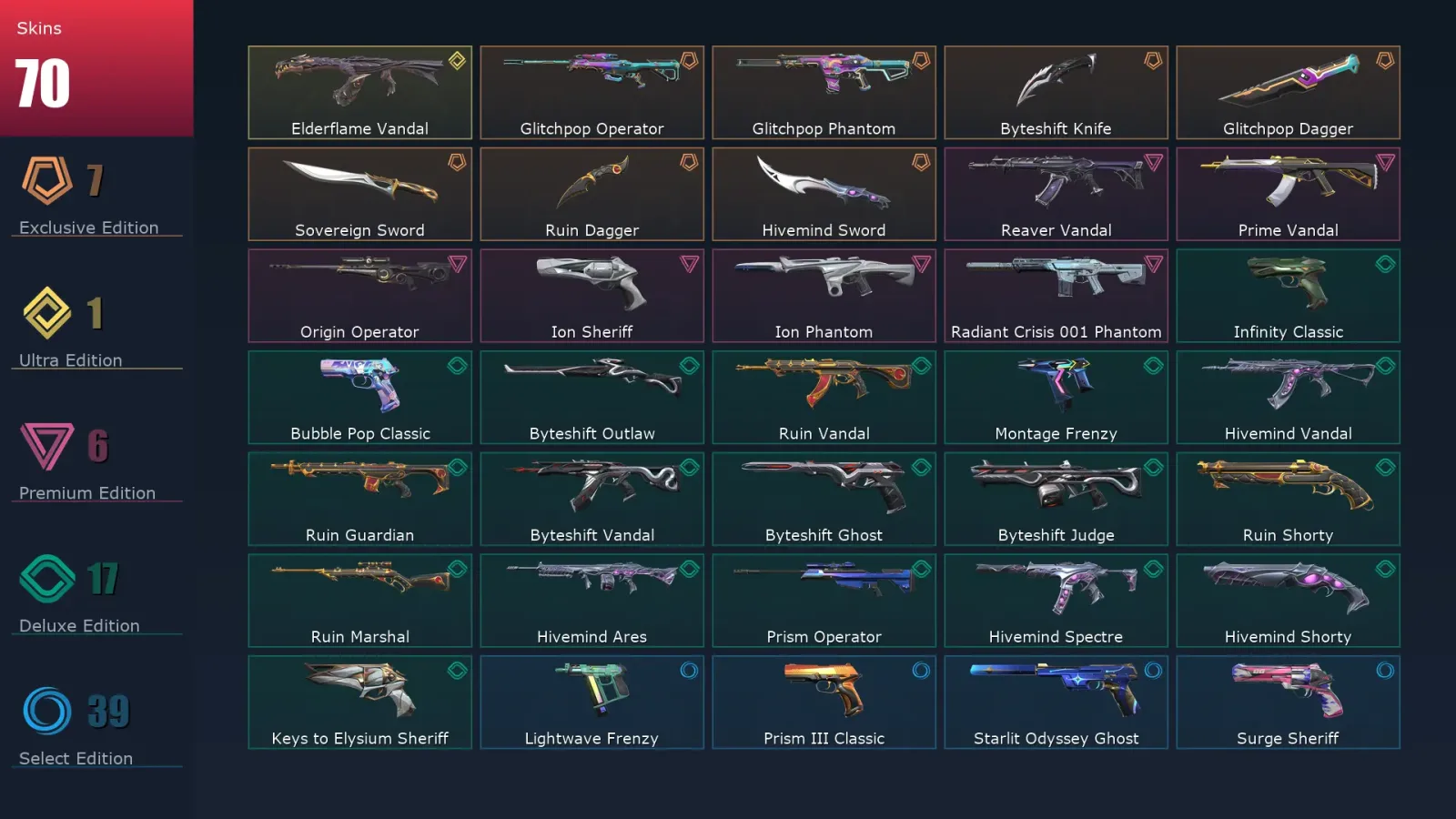 [Valorant] | EU | Level 330 | 29 Agents | 70 Skins