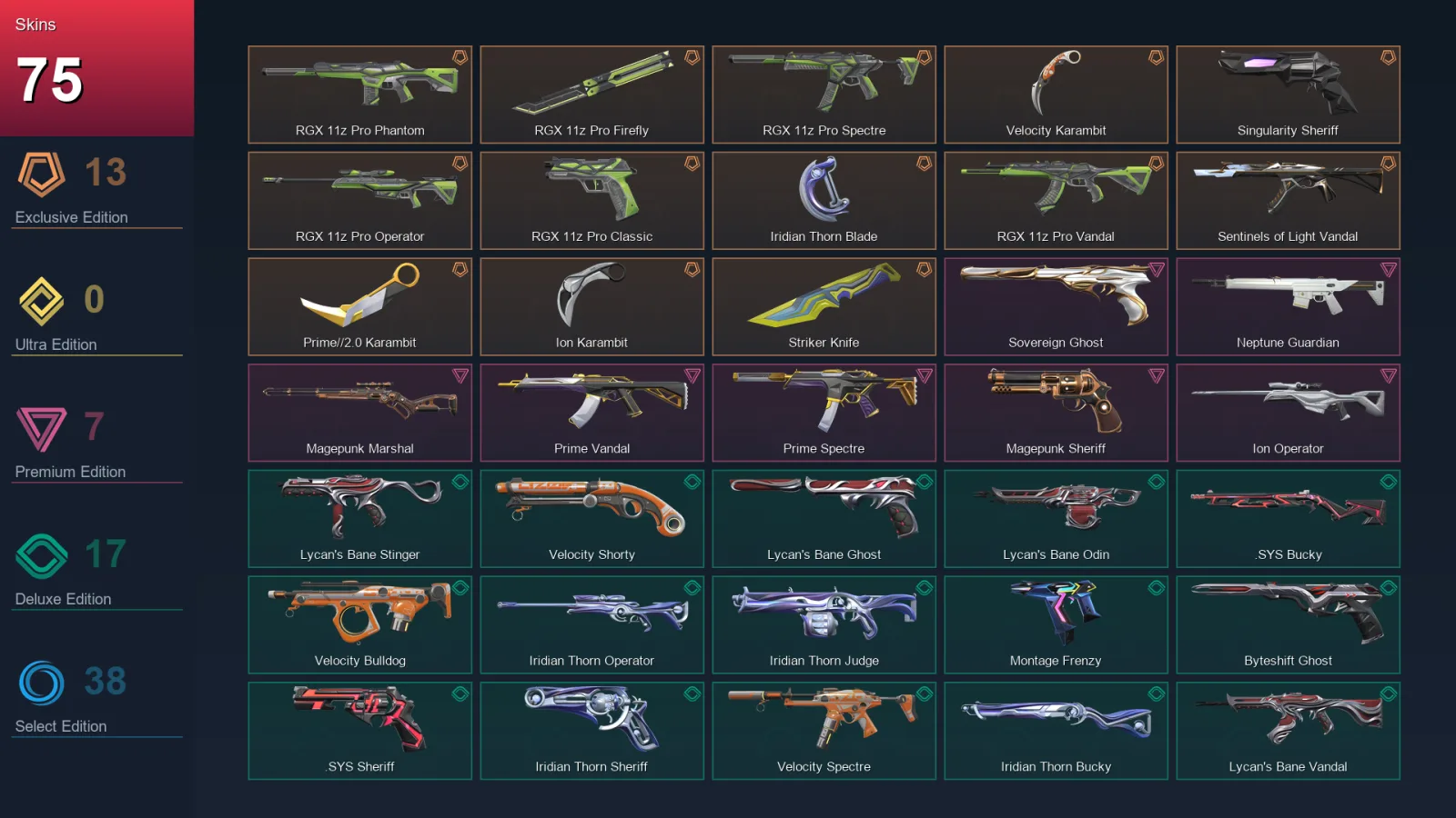 EU | Lv187 | Unranked | 75 Skin | 29 Agent | 103 Buddy