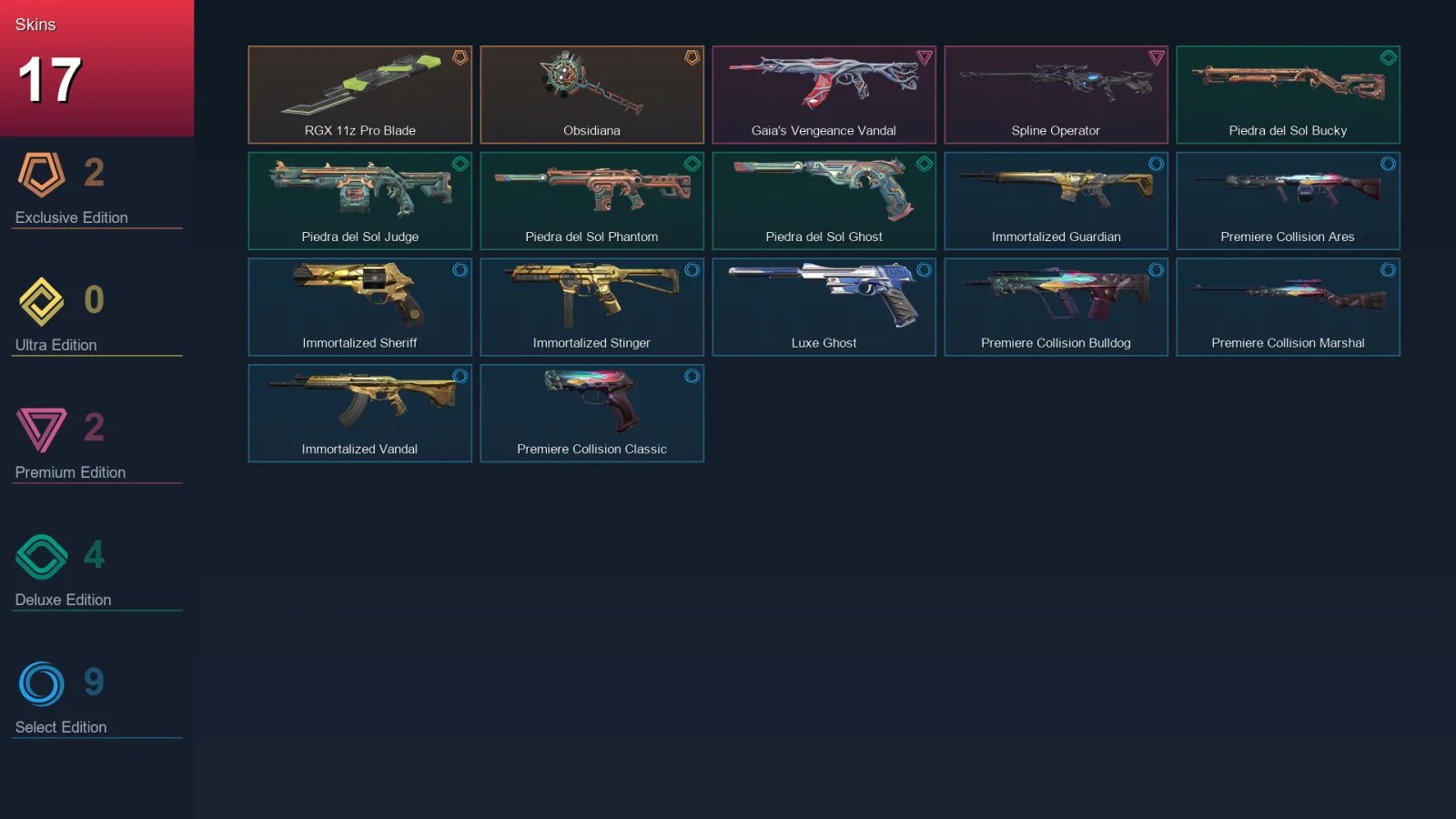 NA | RGX 11z Pro Blade | Obsidiana | Gaia's Vengeance Vandal | Spline Operator | 17 Skin | 13 Agent | 18 Buddy | Lv36