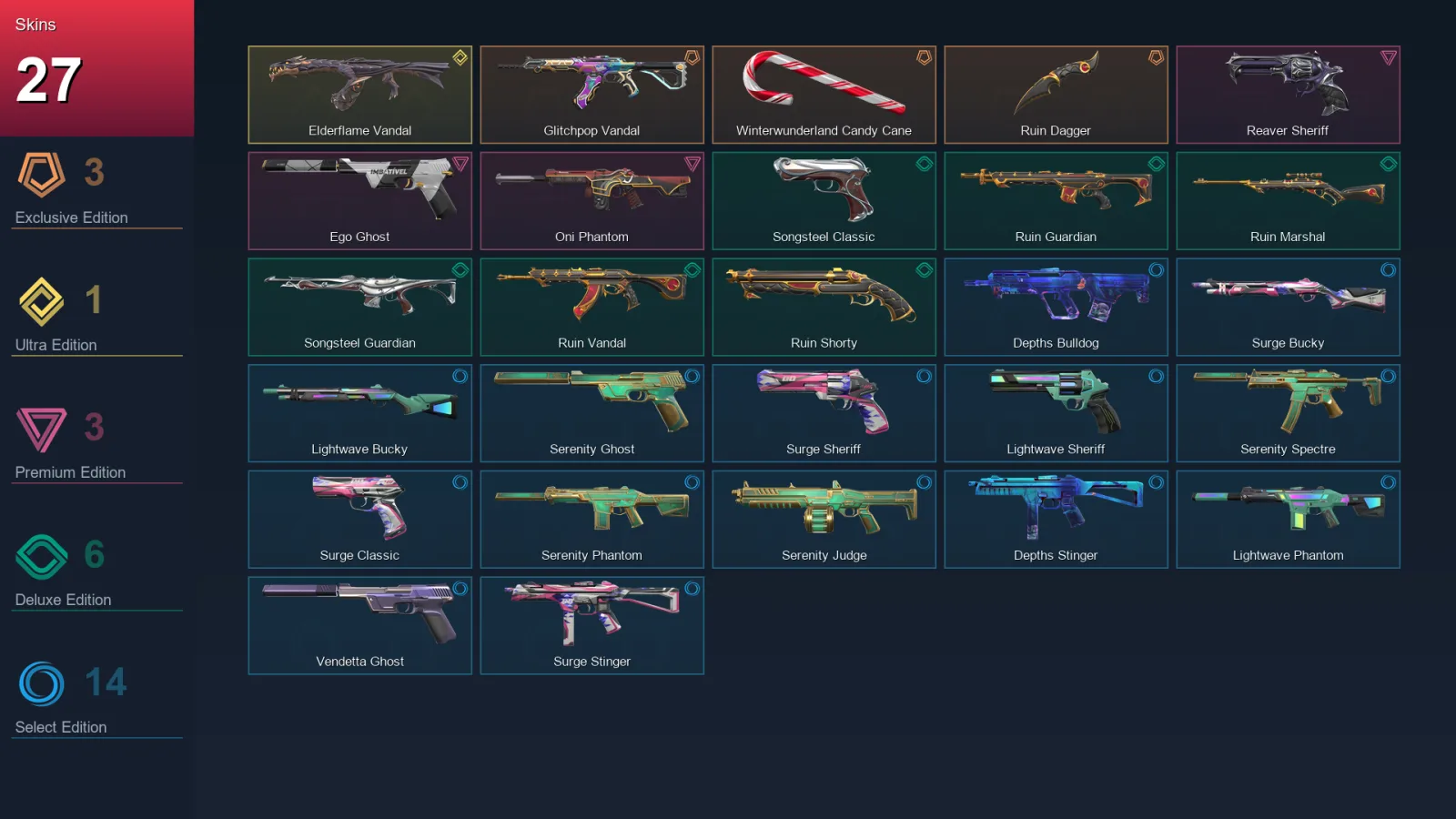 NA | Lv60 | Unranked | 27 Skin | 16 Agent | 36 Buddy