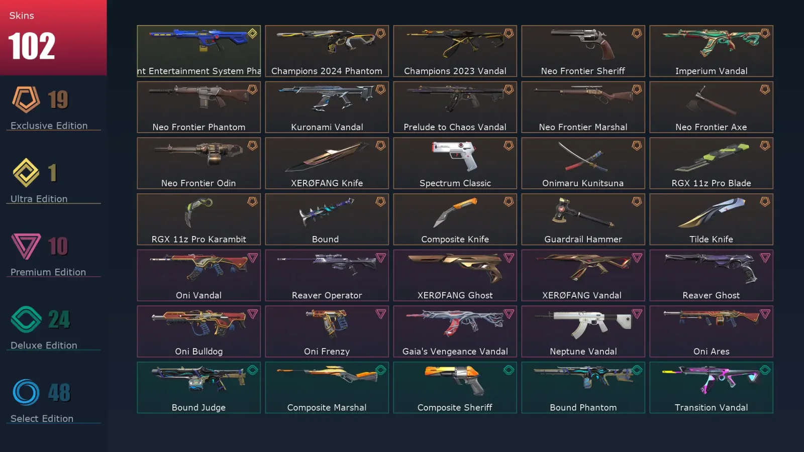 [Valorant] | EU | Level 207 | Gold 1 | 27 Agents | 102 Skins