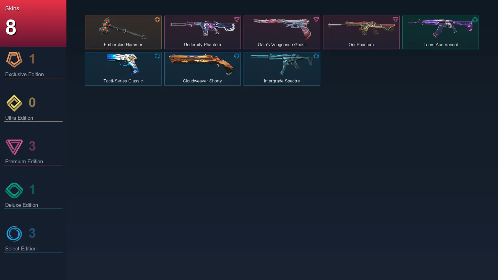 EU | Emberclad Hammer | Undercity Phantom | Gaia's Vengeance Ghost | Oni Phantom | 8 Skin | 6 Agent | 1 Buddy | Lv2