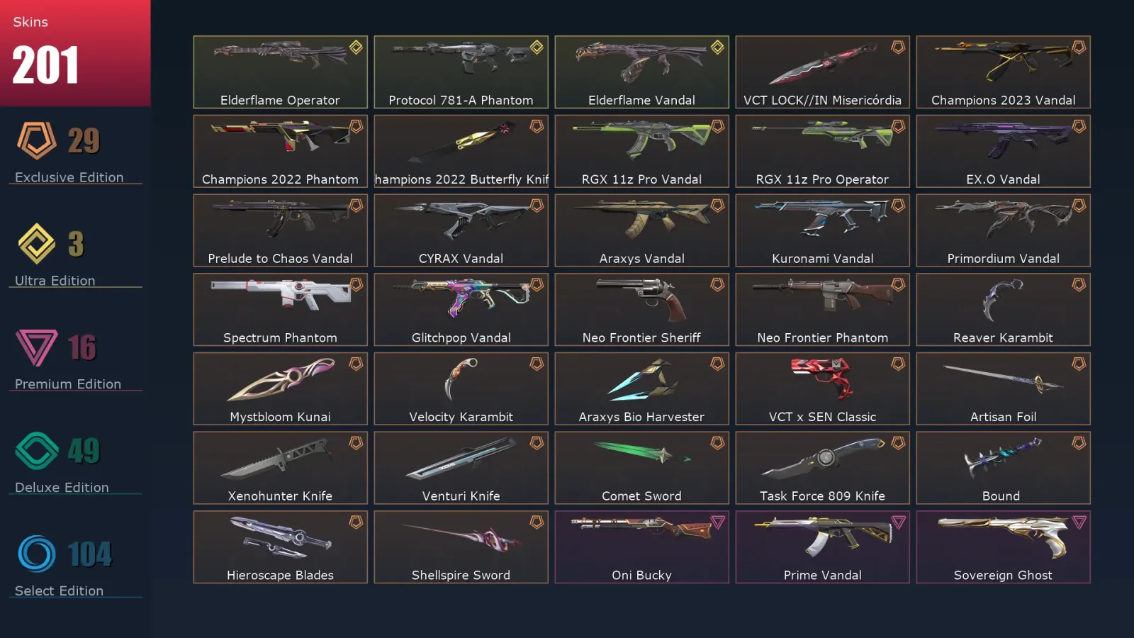 [Valorant] | EU | Level 277 | 29 Agents | 201 Skins — Gridcrash Stinger