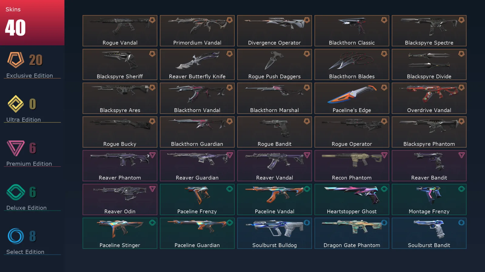 [Valorant] | EU | Level 82 | Ascendant 1 | 26 Agents | 40 Skins