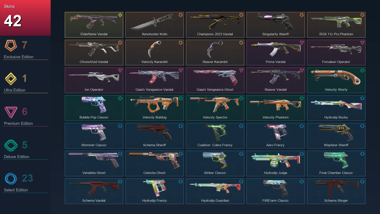 EU | Xenohunter Knife | Champions 2023 Vandal | Singularity Sheriff | RGX 11z Pro Phantom | 42 Skin | 29 Agent | 87 Buddy | Lv236