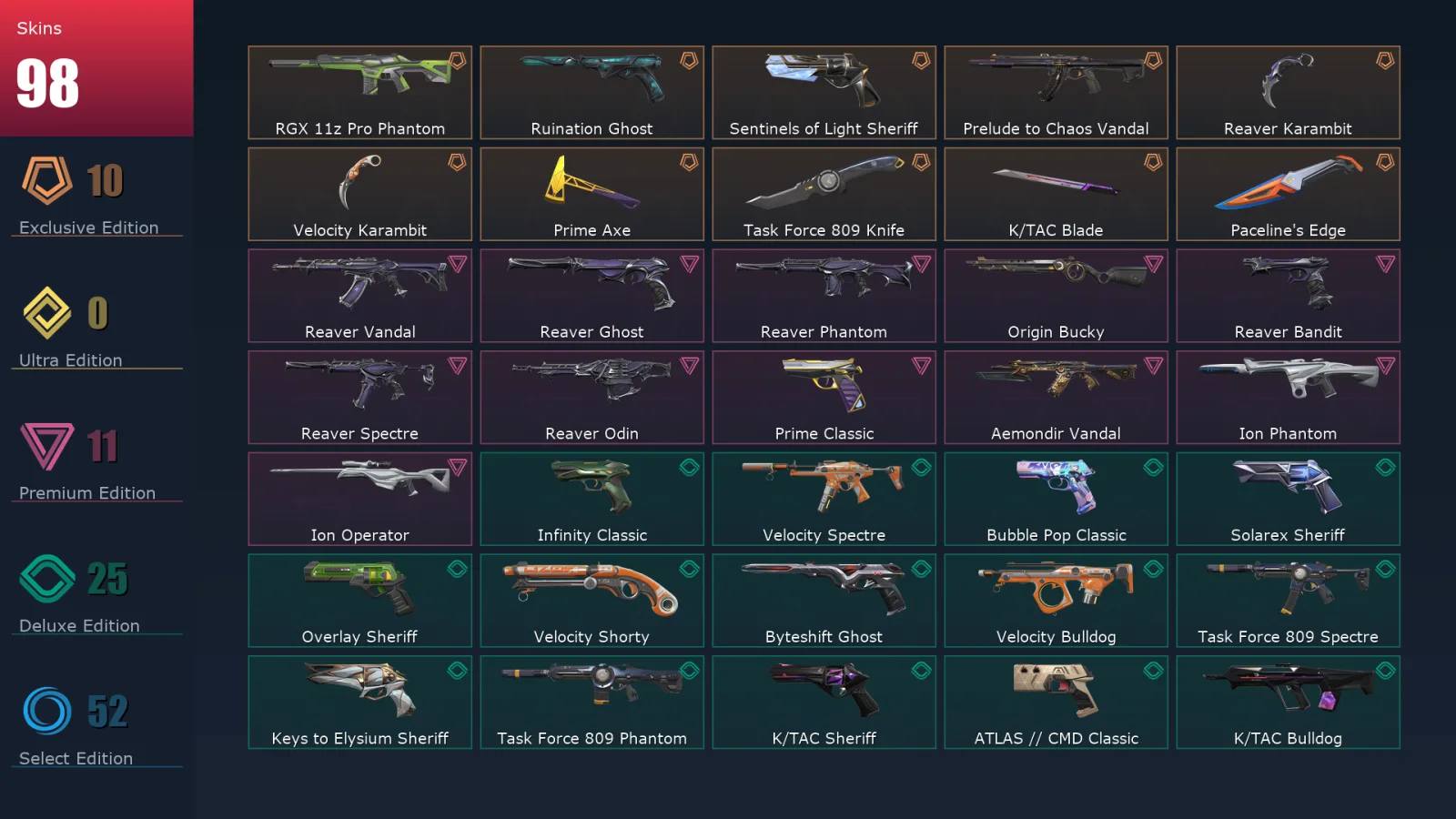 [Valorant] | EU | Level 471 | Gold 2 | 29 Agents | 98 Skins