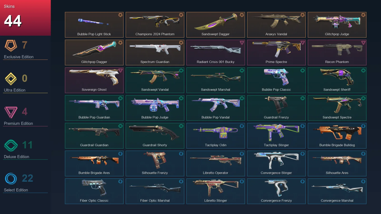 AP | Lv59 | Unranked | 44 Skin | 23 Agent | 36 Buddy