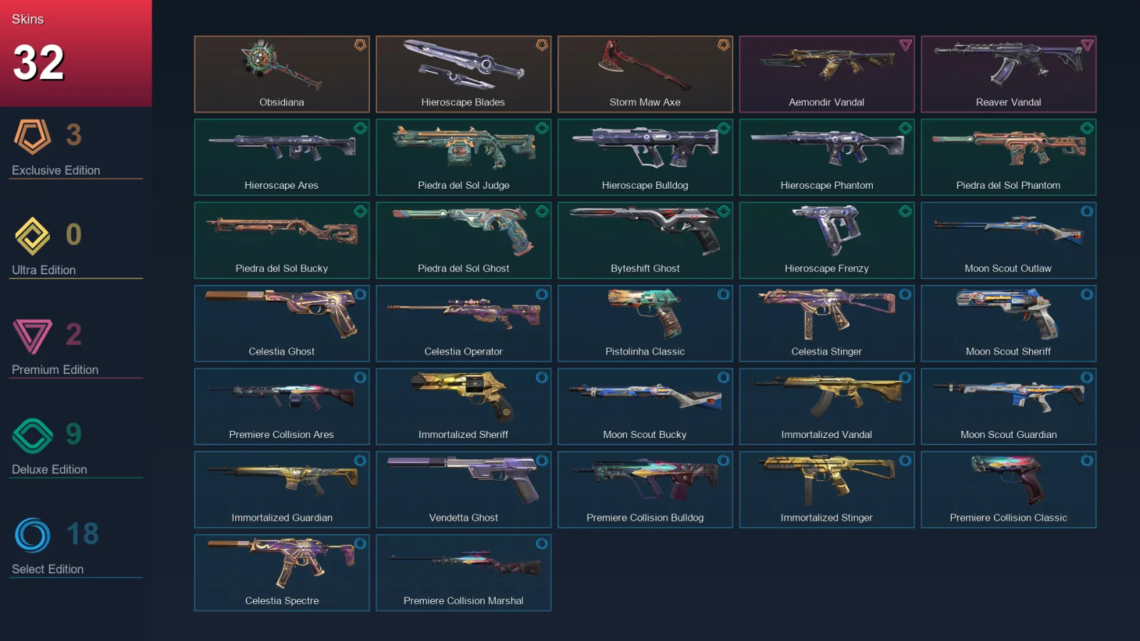 EU | Obsidiana | Hieroscape Blades | Storm Maw Axe | Aemondir Vandal | 32 Skin | 19 Agent | 48 Buddy | Lv80
