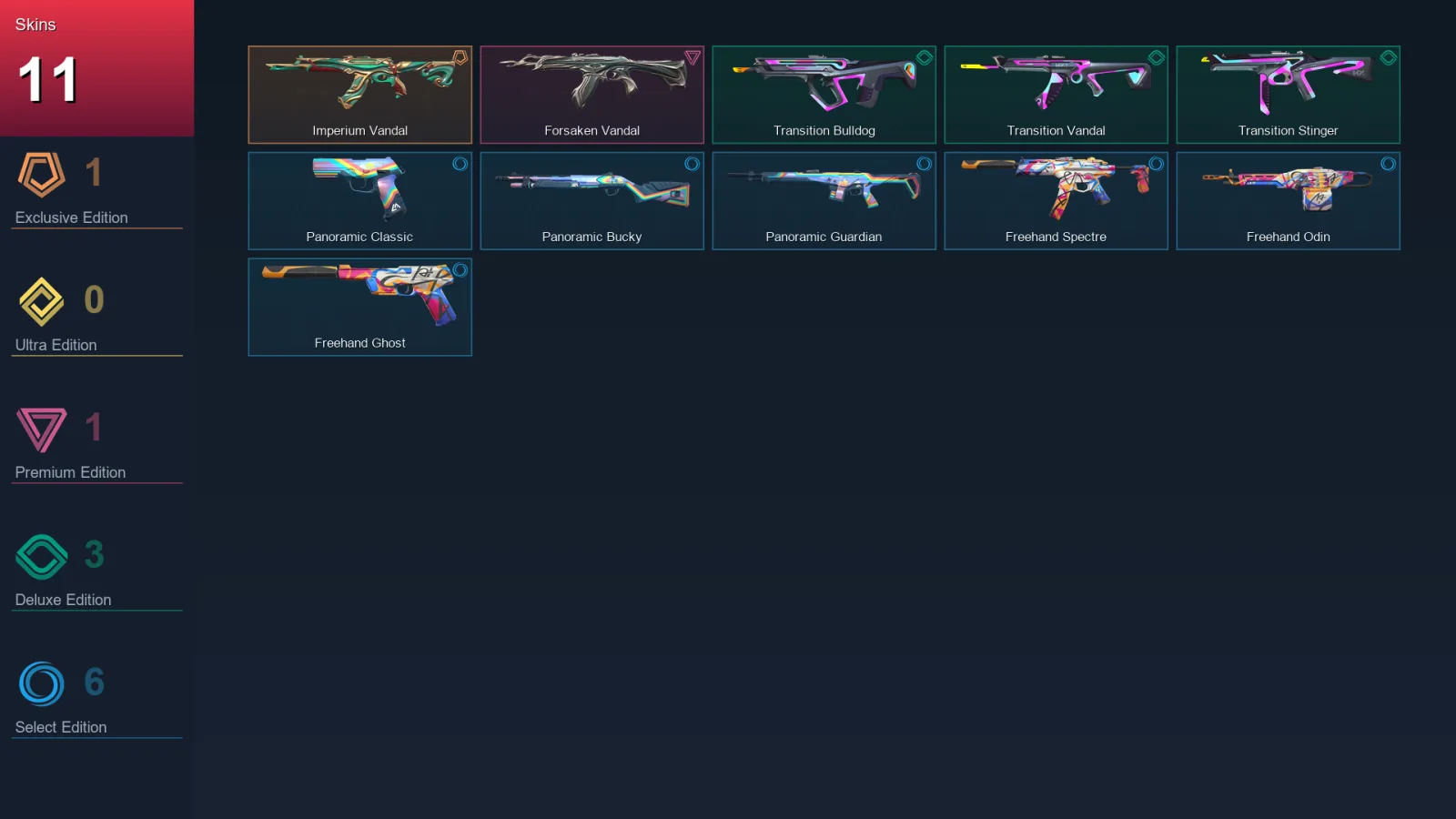 AP | Imperium Vandal | Forsaken Vandal | Transition Bulldog | Transition Vandal | 11 Skin | 18 Agent | 22 Buddy | Lv52
