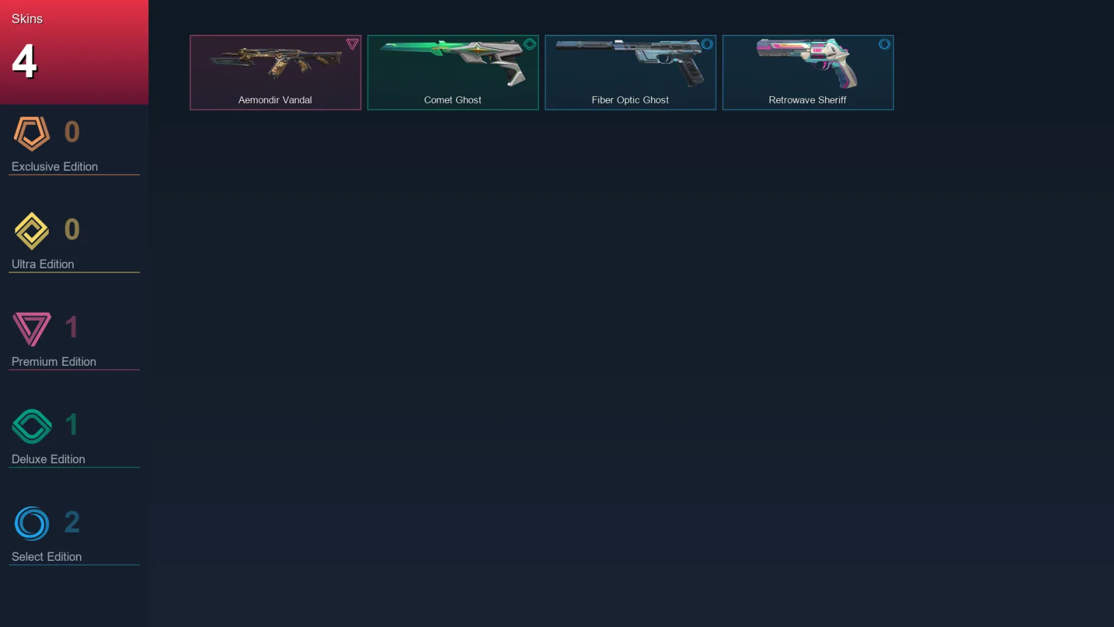 AP | Aemondir Vandal | Comet Ghost | Fiber Optic Ghost | Retrowave Sheriff | 4 Skin | 28 Agent | 27 Buddy | Lv85